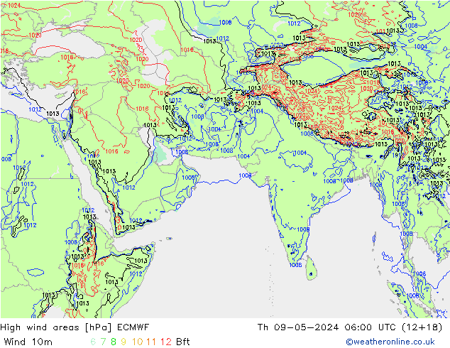 High wind areas ECMWF Th 09.05.2024 06 UTC