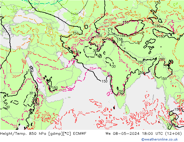 Height/Temp. 850 hPa ECMWF 星期三 08.05.2024 18 UTC