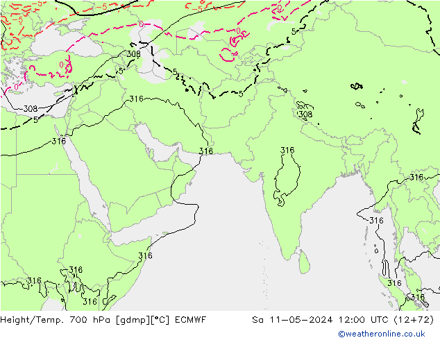 Height/Temp. 700 hPa ECMWF Sa 11.05.2024 12 UTC