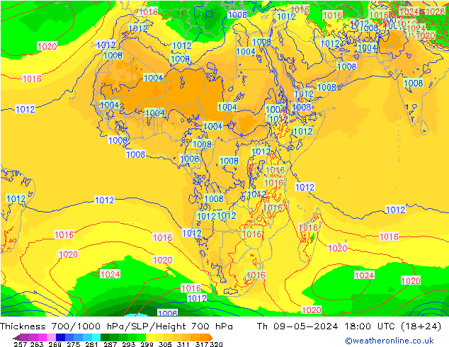 Espesor 700-1000 hPa ECMWF jue 09.05.2024 18 UTC