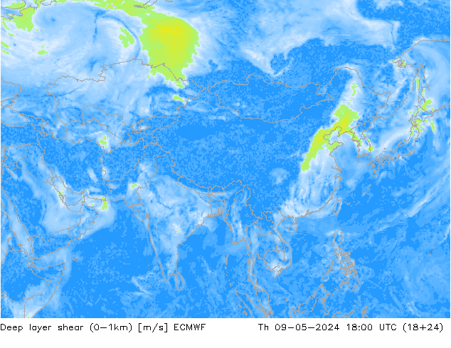 Deep layer shear (0-1km) ECMWF gio 09.05.2024 18 UTC