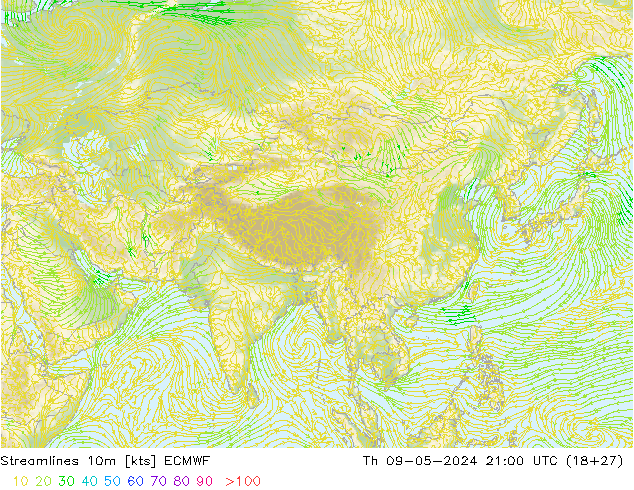 Streamlines 10m ECMWF Th 09.05.2024 21 UTC