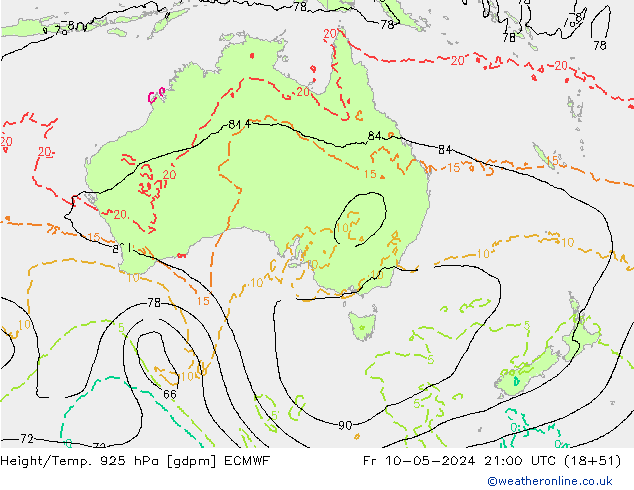 Height/Temp. 925 гПа ECMWF пт 10.05.2024 21 UTC