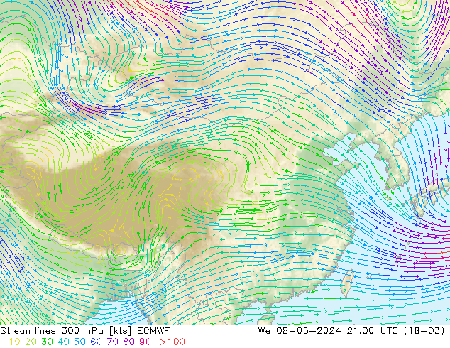 风 300 hPa ECMWF 星期三 08.05.2024 21 UTC