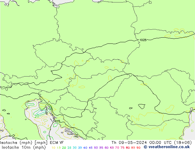 Isotachs (mph) ECMWF Čt 09.05.2024 00 UTC