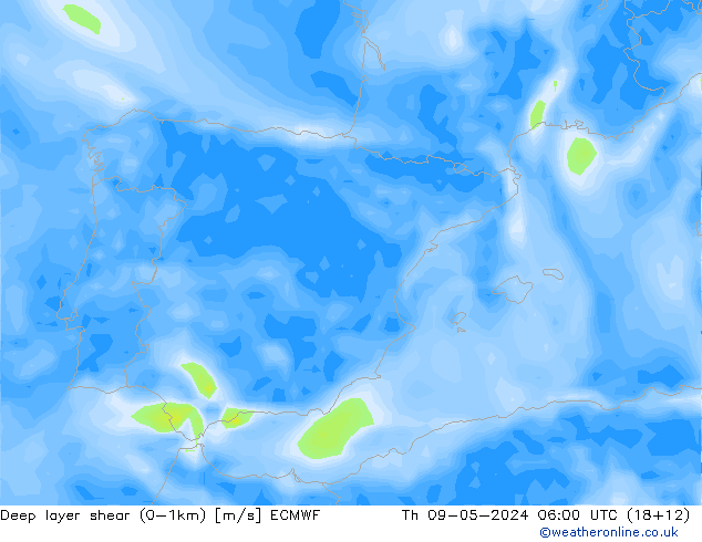 Deep layer shear (0-1km) ECMWF Čt 09.05.2024 06 UTC