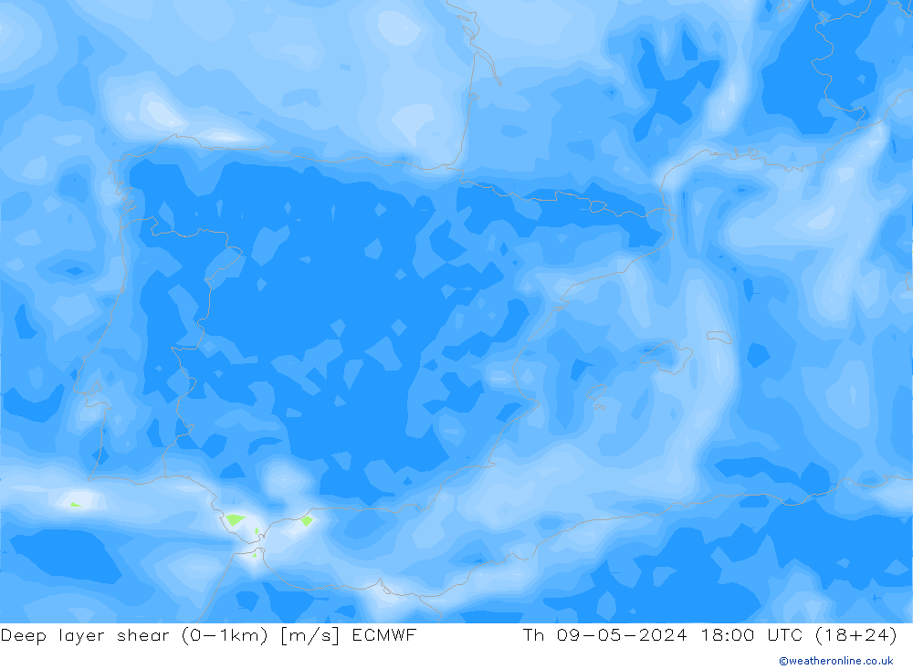 Deep layer shear (0-1km) ECMWF jue 09.05.2024 18 UTC