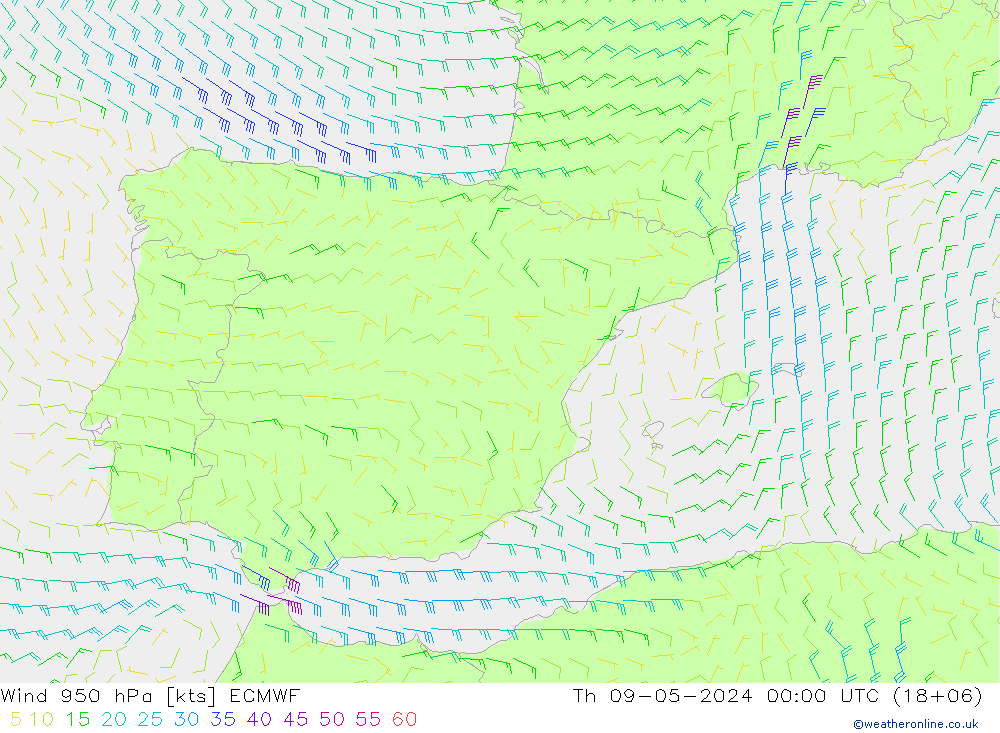 Wind 950 hPa ECMWF Do 09.05.2024 00 UTC