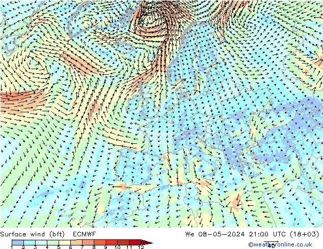 Surface wind (bft) ECMWF We 08.05.2024 21 UTC