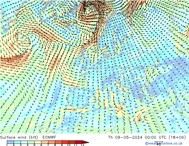Bodenwind (bft) ECMWF Do 09.05.2024 00 UTC