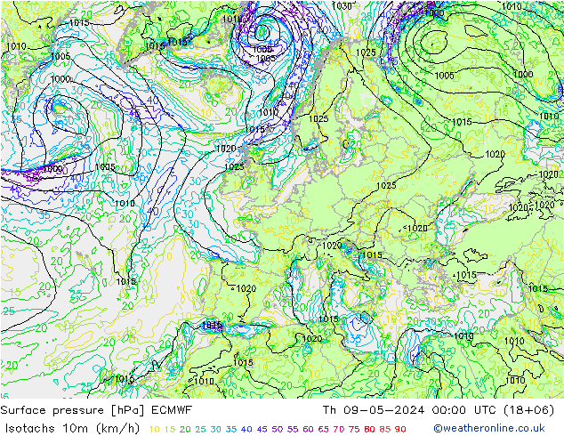 10米等风速线 (kph) ECMWF 星期四 09.05.2024 00 UTC