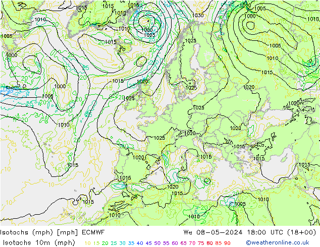 Isotachs (mph) ECMWF Qua 08.05.2024 18 UTC