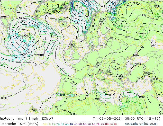 Isotachs (mph) ECMWF jeu 09.05.2024 09 UTC