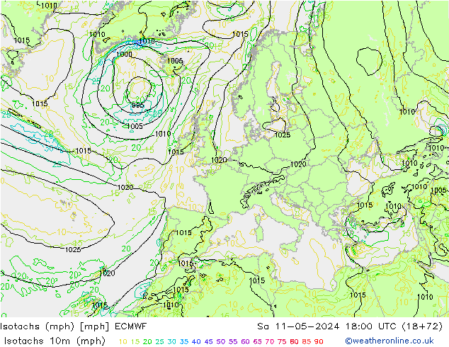 Izotacha (mph) ECMWF so. 11.05.2024 18 UTC