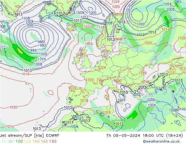 高速氣流/地面气压 ECMWF 星期四 09.05.2024 18 UTC