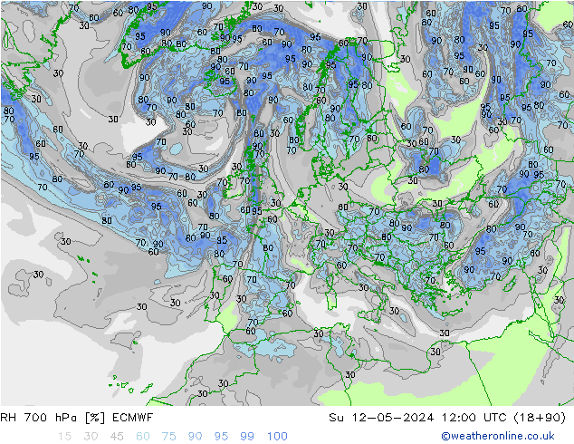 Humidité rel. 700 hPa ECMWF dim 12.05.2024 12 UTC