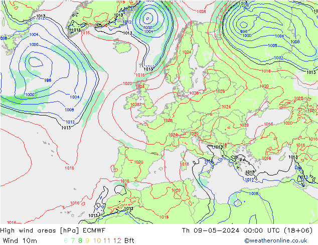 High wind areas ECMWF 星期四 09.05.2024 00 UTC