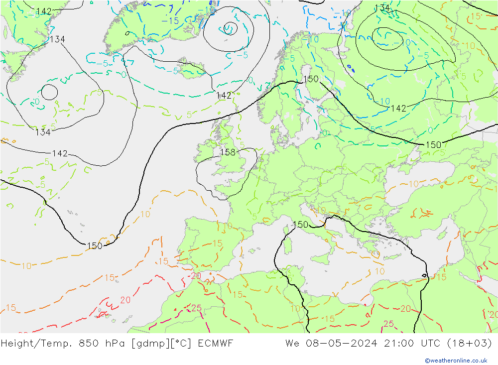 Geop./Temp. 850 hPa ECMWF mié 08.05.2024 21 UTC