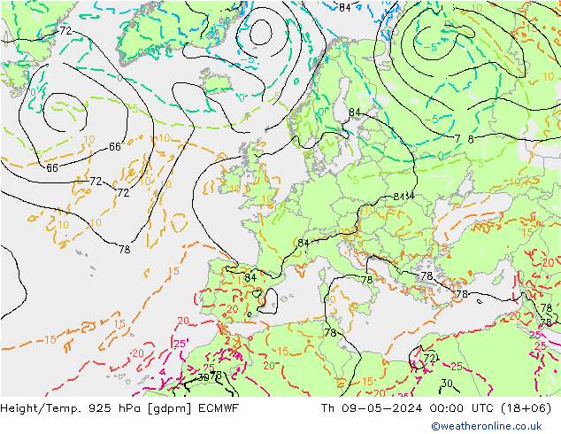 Height/Temp. 925 hPa ECMWF Qui 09.05.2024 00 UTC