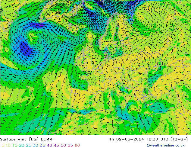 风 10 米 ECMWF 星期四 09.05.2024 18 UTC