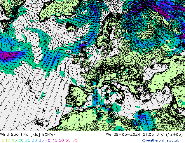 Wind 850 hPa ECMWF Mi 08.05.2024 21 UTC