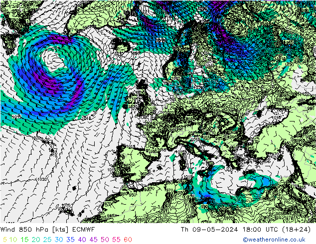风 850 hPa ECMWF 星期四 09.05.2024 18 UTC