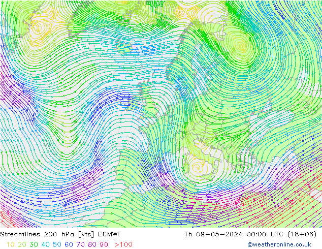 风 200 hPa ECMWF 星期四 09.05.2024 00 UTC