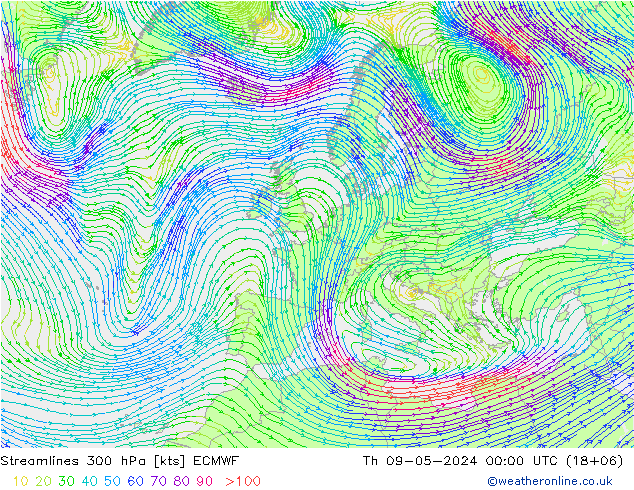 风 300 hPa ECMWF 星期四 09.05.2024 00 UTC