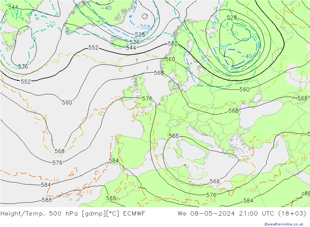 Height/Temp. 500 hPa ECMWF Mi 08.05.2024 21 UTC