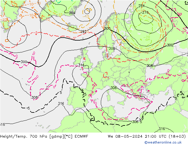 Geop./Temp. 700 hPa ECMWF mié 08.05.2024 21 UTC