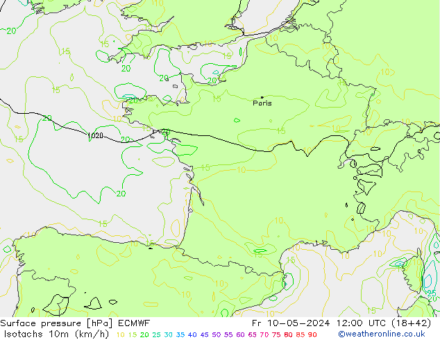 Isotachs (kph) ECMWF Pá 10.05.2024 12 UTC