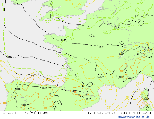 Theta-e 850hPa ECMWF Cu 10.05.2024 06 UTC