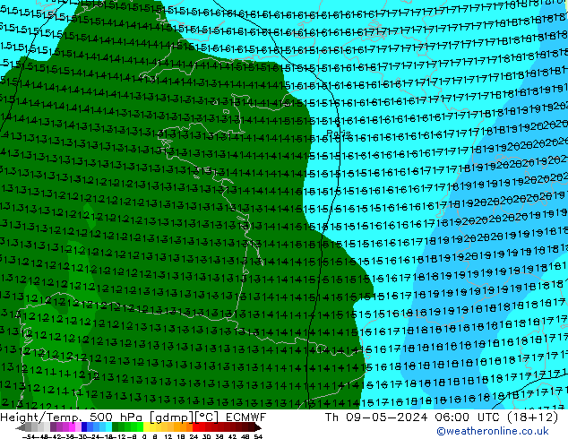 Z500/Rain (+SLP)/Z850 ECMWF Čt 09.05.2024 06 UTC