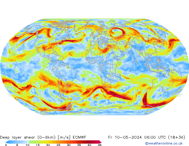 Deep layer shear (0-6km) ECMWF пт 10.05.2024 06 UTC
