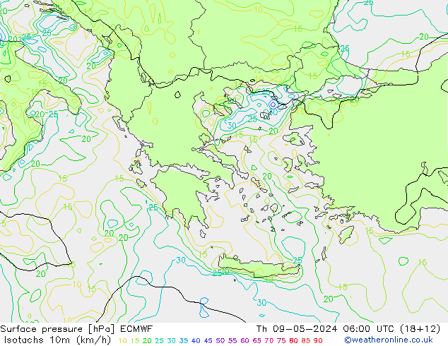 Isotaca (kph) ECMWF jue 09.05.2024 06 UTC