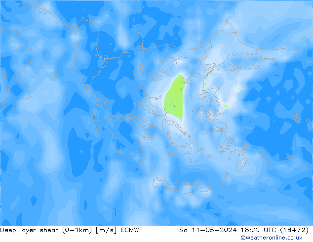 Deep layer shear (0-1km) ECMWF sáb 11.05.2024 18 UTC