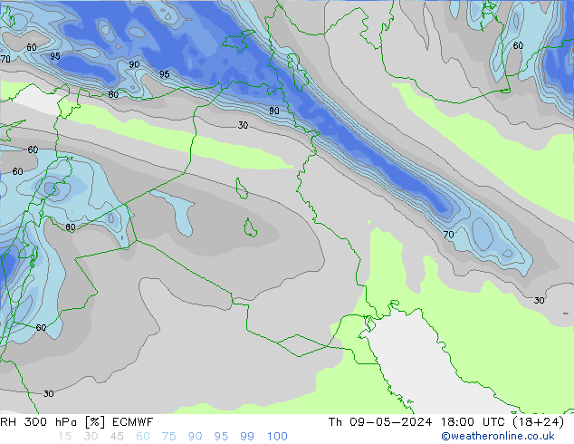 Humidité rel. 300 hPa ECMWF jeu 09.05.2024 18 UTC