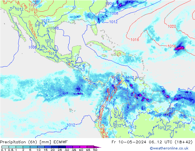 Precipitation (6h) ECMWF Pá 10.05.2024 12 UTC