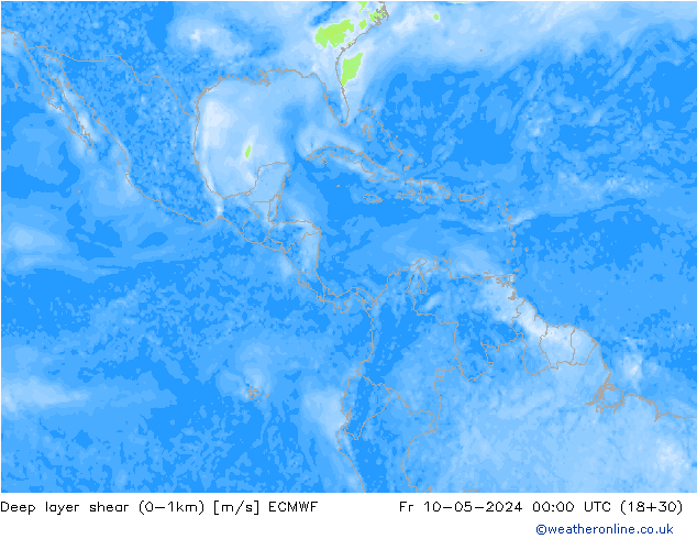 Deep layer shear (0-1km) ECMWF Cu 10.05.2024 00 UTC