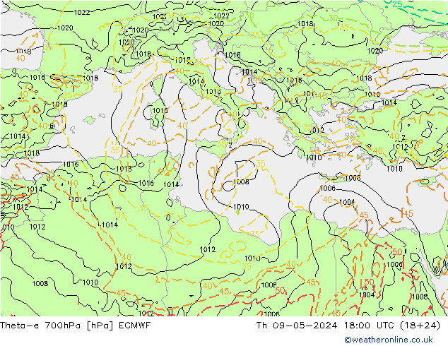 Theta-e 700hPa ECMWF Per 09.05.2024 18 UTC
