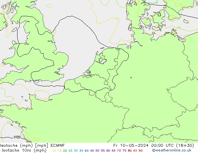 Isotachs (mph) ECMWF Pá 10.05.2024 00 UTC