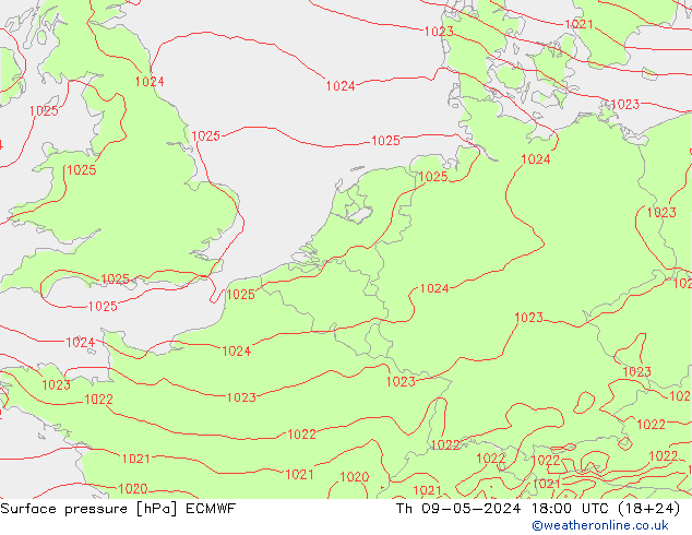Presión superficial ECMWF jue 09.05.2024 18 UTC
