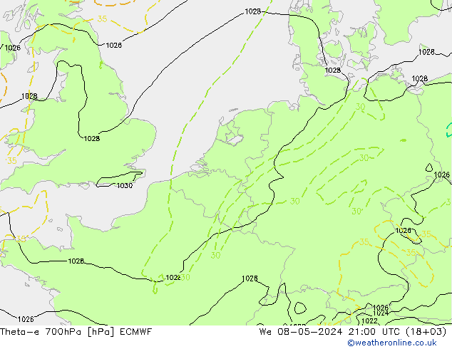 Theta-e 700hPa ECMWF Mi 08.05.2024 21 UTC