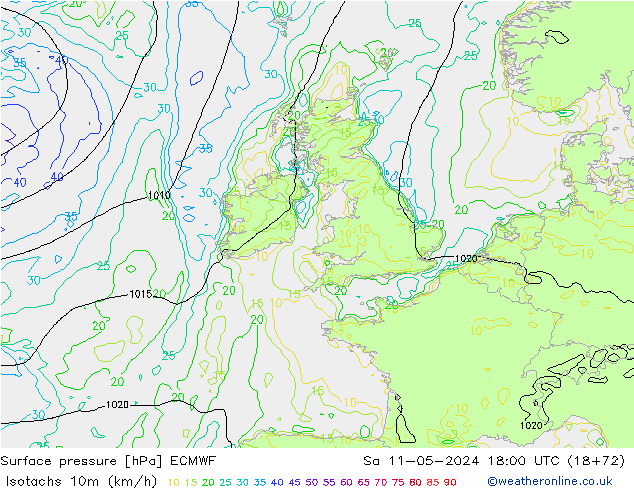 Eşrüzgar Hızları (km/sa) ECMWF Cts 11.05.2024 18 UTC