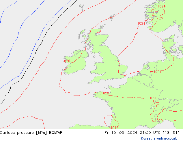 Atmosférický tlak ECMWF Pá 10.05.2024 21 UTC