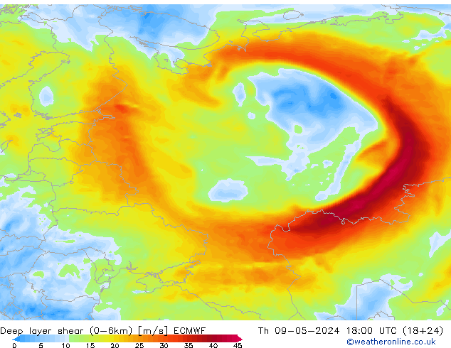 Deep layer shear (0-6km) ECMWF Qui 09.05.2024 18 UTC
