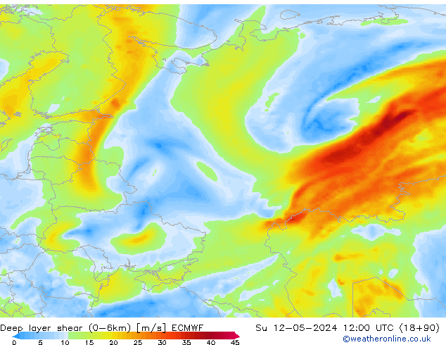 Deep layer shear (0-6km) ECMWF zo 12.05.2024 12 UTC