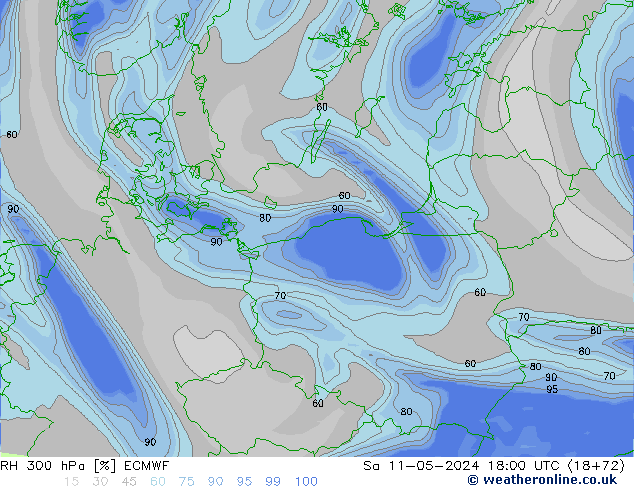 Humidité rel. 300 hPa ECMWF sam 11.05.2024 18 UTC