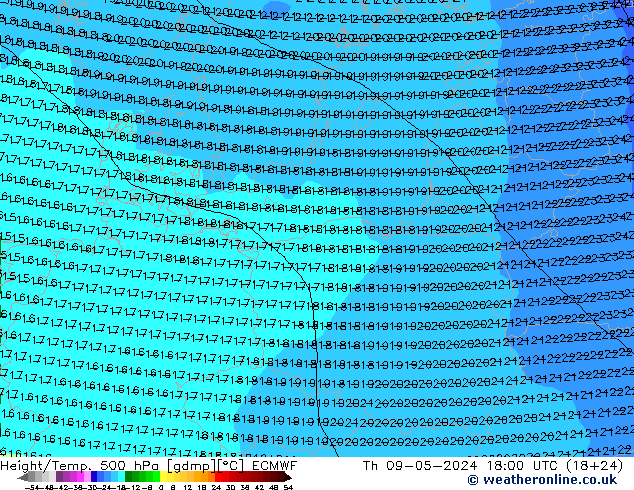Height/Temp. 500 hPa ECMWF Čt 09.05.2024 18 UTC