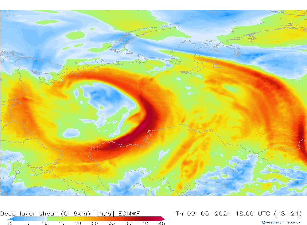Deep layer shear (0-6km) ECMWF do 09.05.2024 18 UTC